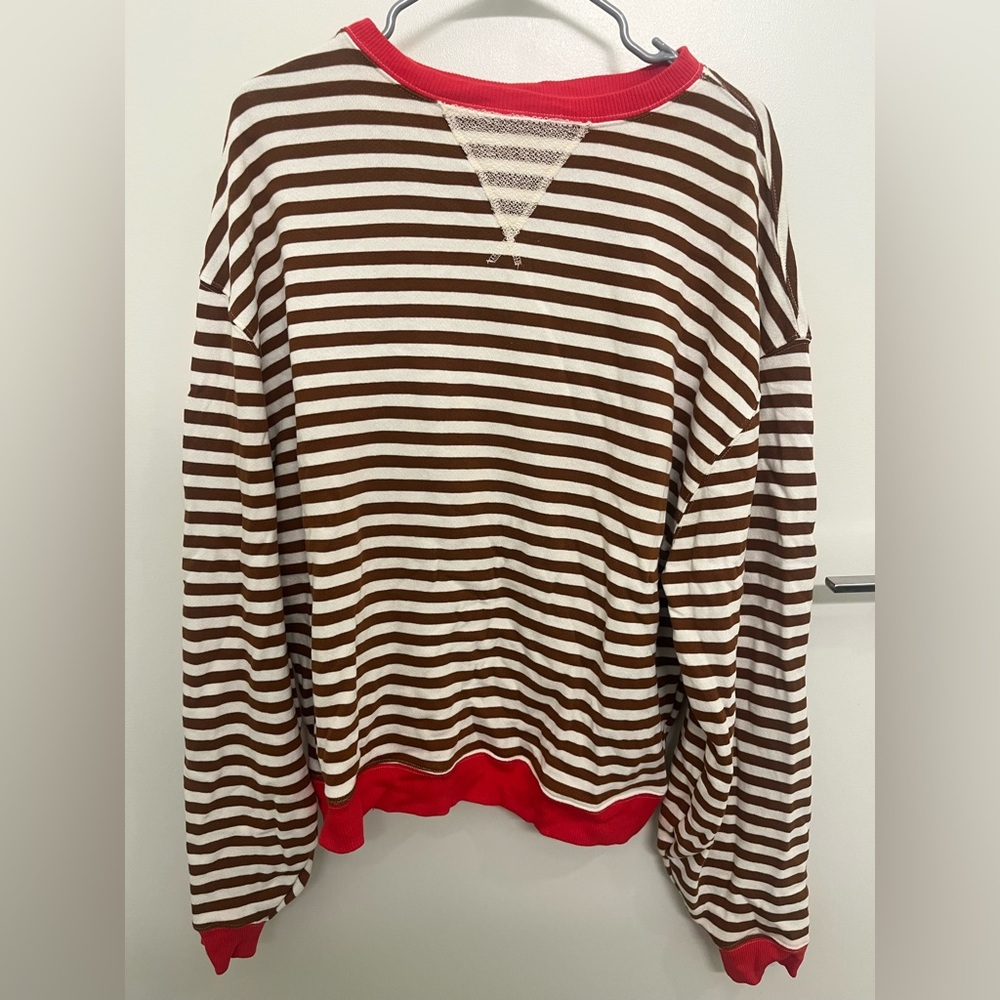 Free People We The Free Brown and White Classic Crewneck Striped Sweater